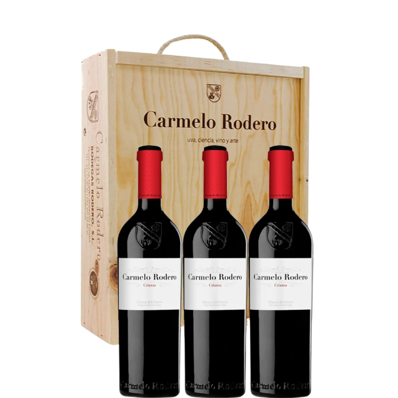 Estuche de madera de la Bodega Carmelo Rodero con 3 botellas de Carmelo Rodero Crinza
