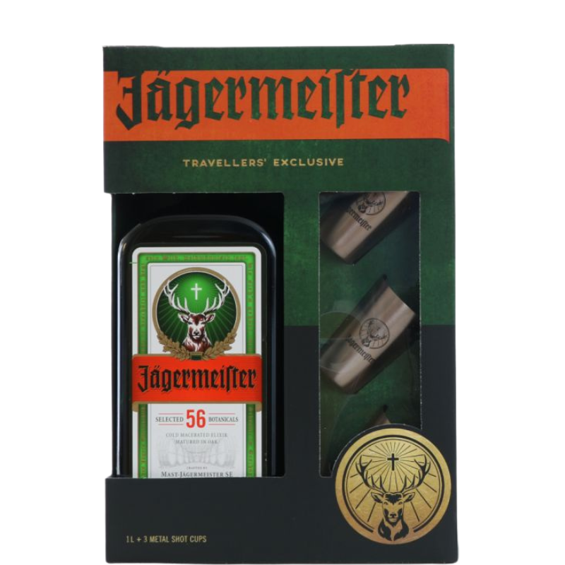 JÄGERMEISTER 1L. + 3 Vasos de metal