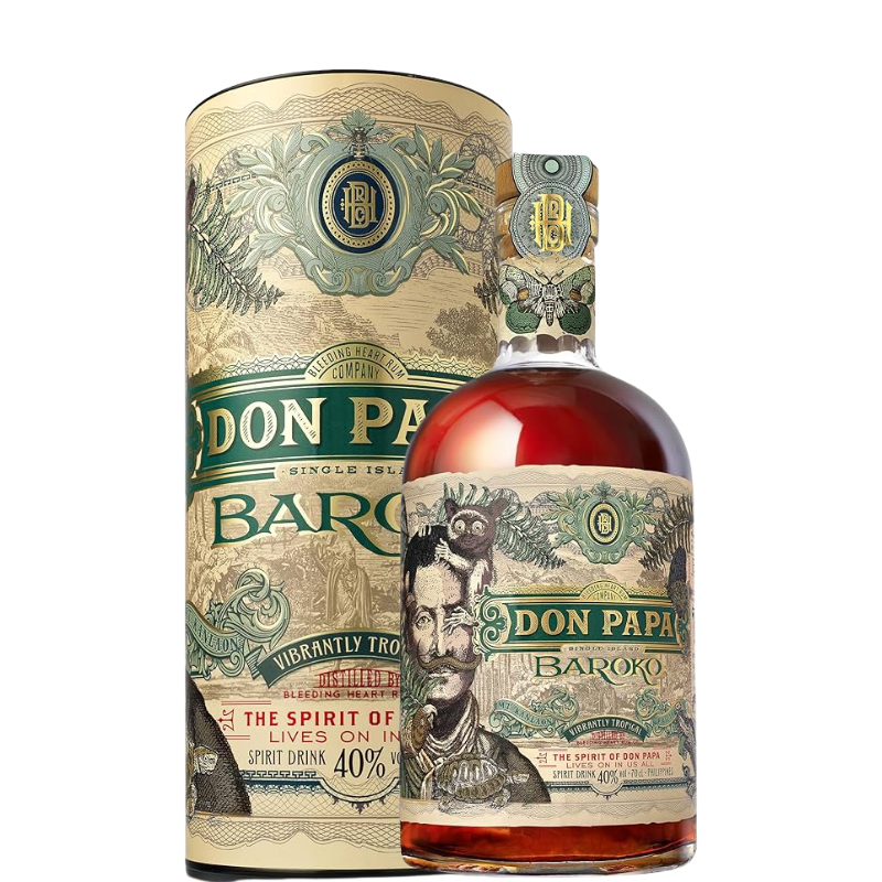 Botella de ron Don Papa Baroko con estuche