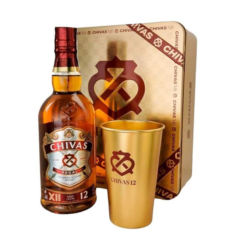 Chivas Regal 12 Estuche de metal + vaso dorado