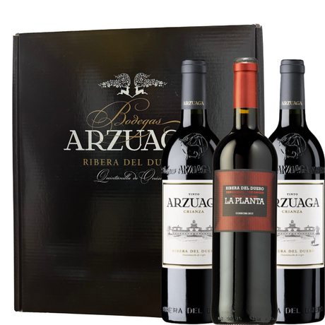 Estuche serigrafiado de Bodegas Arzuaga con 2 botellas de Arzuaga Crianza y 1 botellas de La Planta