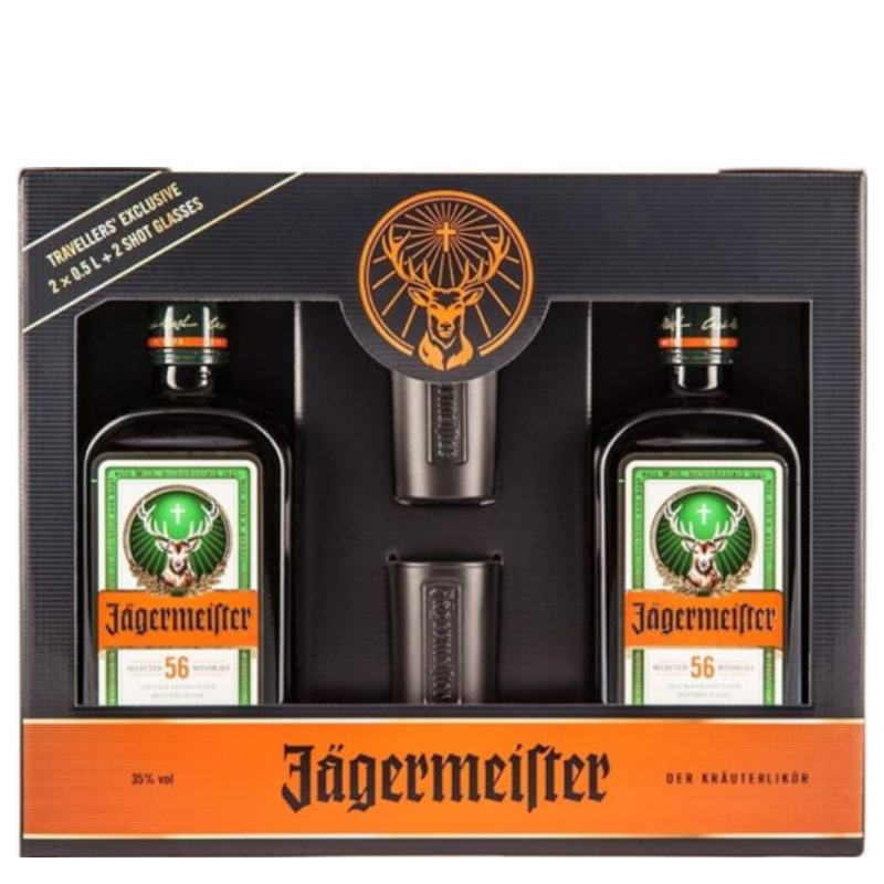 JÄGERMEISTER Estuche con asa 0,5L x2 + 2 Vasos