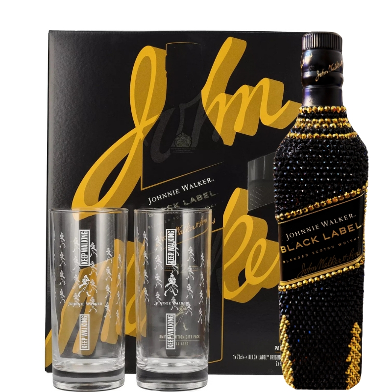 JOHNNIE WALKER BLACK LABEL Edición única + Estuche + 2 vasos