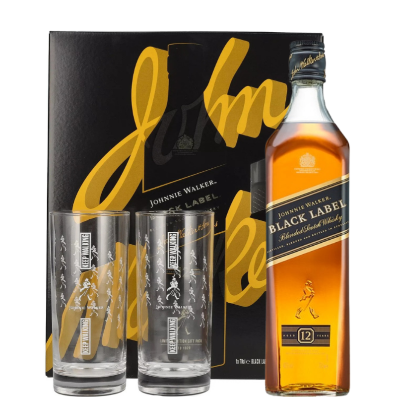 JOHNNIE WALKER BLACK LABEL Estuche + 2 vasos
